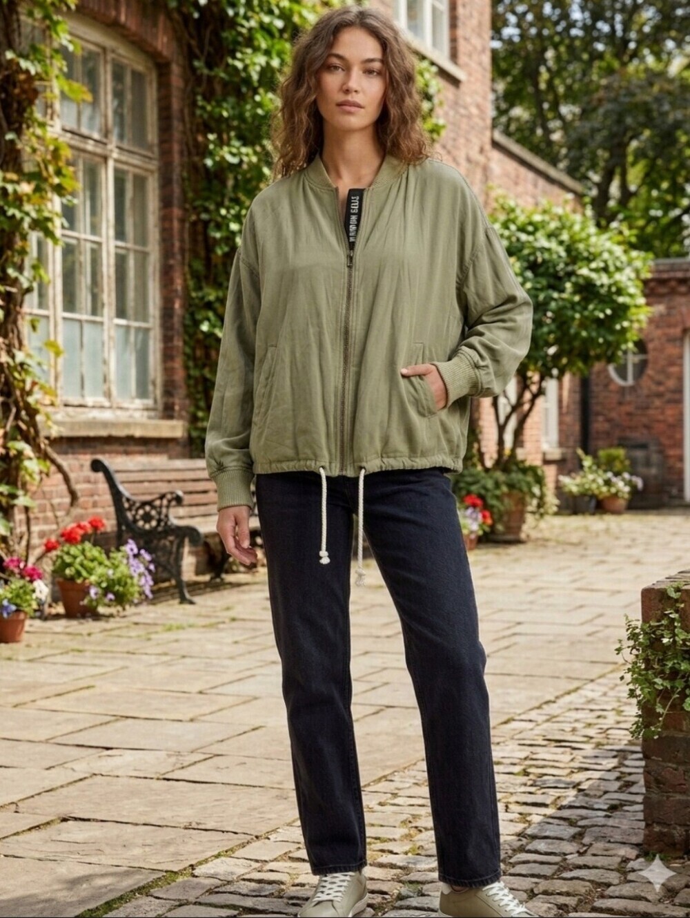 Steve Madden Women's Med Oilve Green Full Zip Mock Neck Bomber Jacket Waist Tie